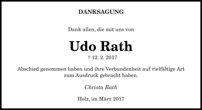  Traueranzeige für Udo Rath vom 09.03.2017 aus saarbruecker_zeitung
