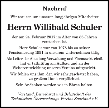 Traueranzeige von Willibald Schuler von saarbruecker_zeitung