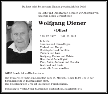 Traueranzeige von Wolfgang Diener von saarbruecker_zeitung