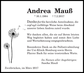 Traueranzeige von Andrea Mauß von saarbruecker_zeitung