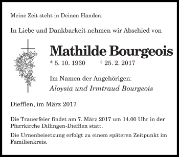 Traueranzeige von Mathilde Bourgeois von saarbruecker_zeitung