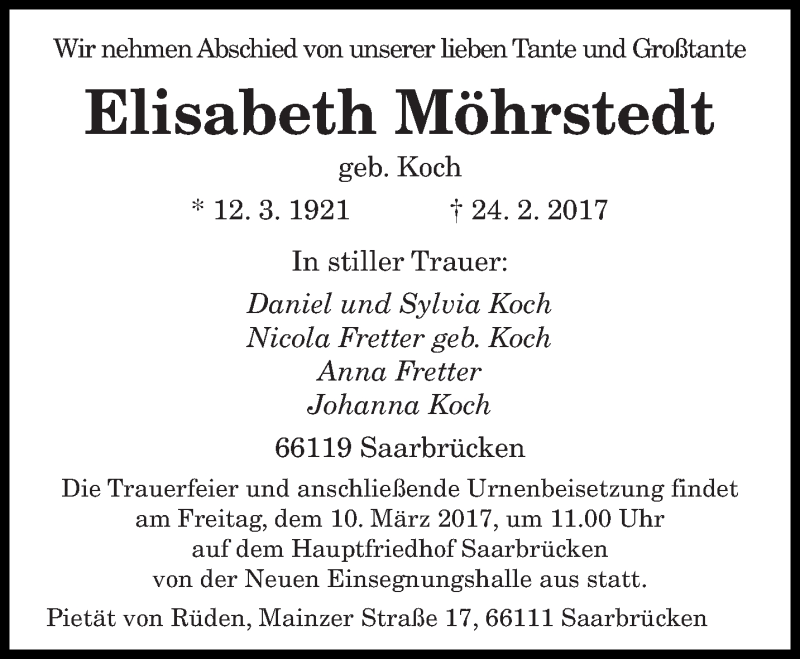  Traueranzeige für Elisabeth Möhrstedt vom 04.03.2017 aus saarbruecker_zeitung