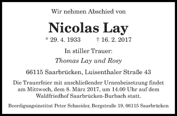 Traueranzeige von Nicolas Lay von saarbruecker_zeitung