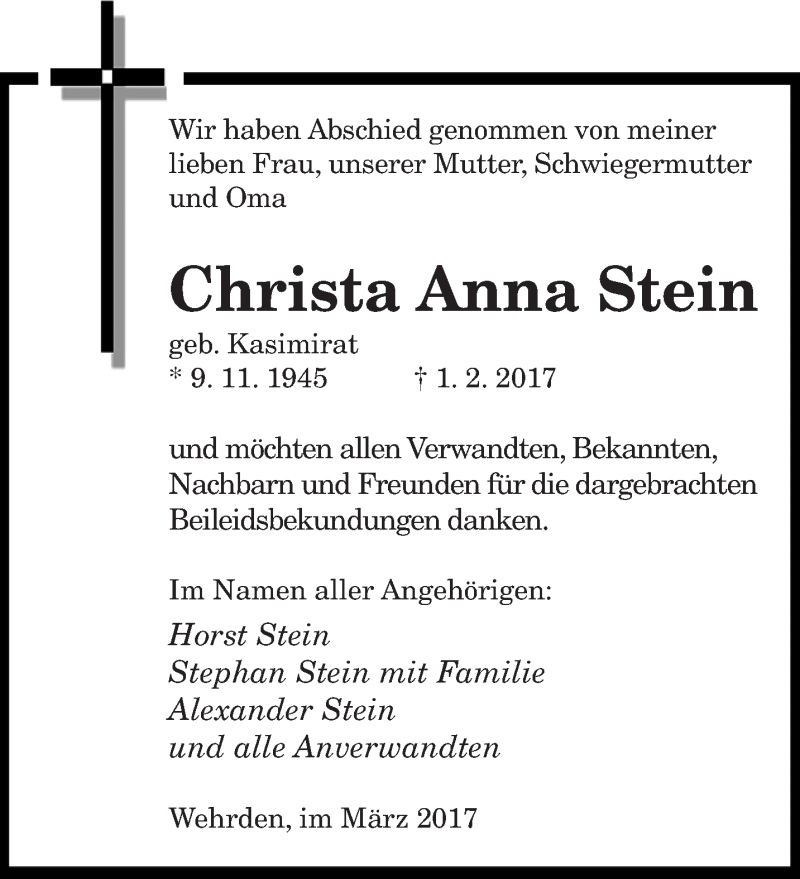  Traueranzeige für Christa Anna Stein vom 11.03.2017 aus saarbruecker_zeitung