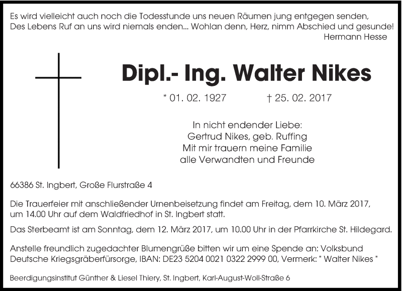  Traueranzeige für Walter Nikes vom 04.03.2017 aus saarbruecker_zeitung