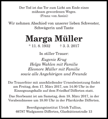Traueranzeige von Marga Müller von saarbruecker_zeitung