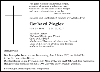 Traueranzeige von Gerhard Ziegler von saarbruecker_zeitung