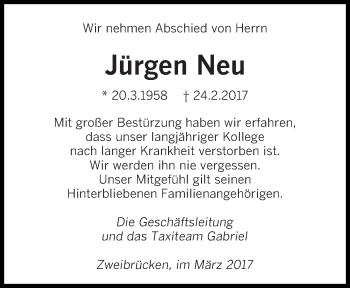 Traueranzeige von Jürgen Neu von saarbruecker_zeitung
