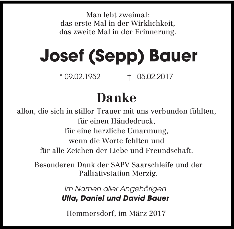  Traueranzeige für Josef Bauer vom 03.03.2017 aus saarbruecker_zeitung