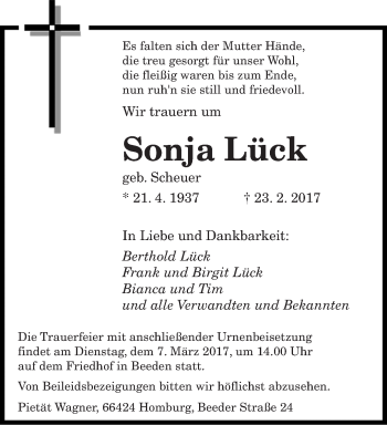Traueranzeige von Sonja Lück von saarbruecker_zeitung