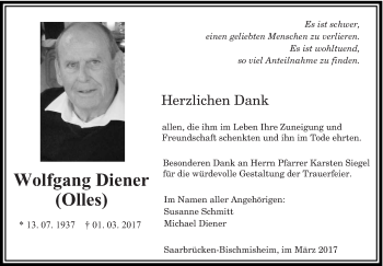 Traueranzeige von Wolfgang Diener von saarbruecker_zeitung
