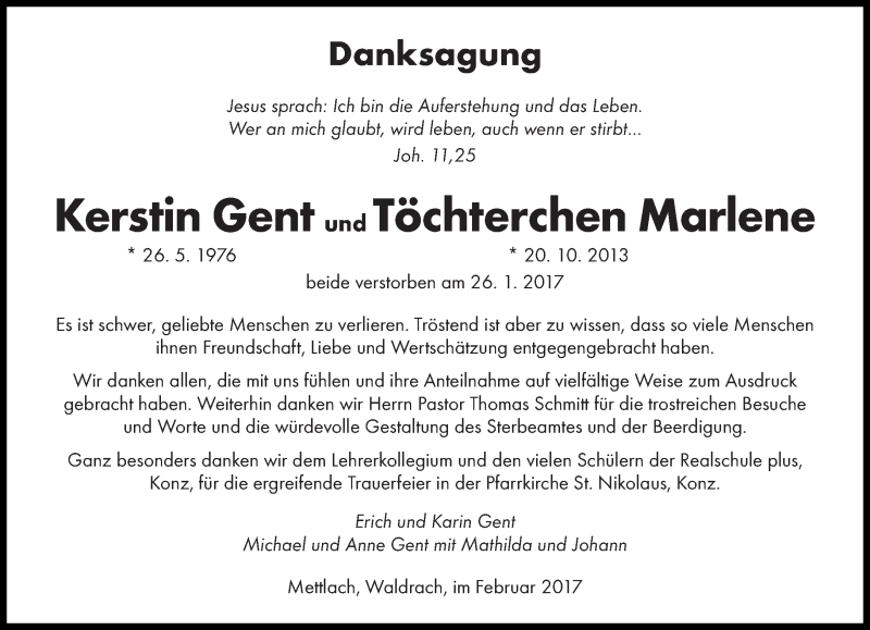  Traueranzeige für Kerstin und Marlene Gent vom 01.03.2017 aus saarbruecker_zeitung