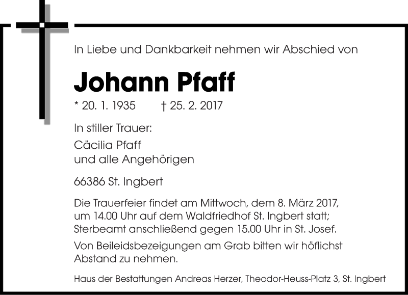  Traueranzeige für Johann Pfaff vom 04.03.2017 aus saarbruecker_zeitung