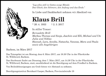 Traueranzeige von Klaus Brill von saarbruecker_zeitung