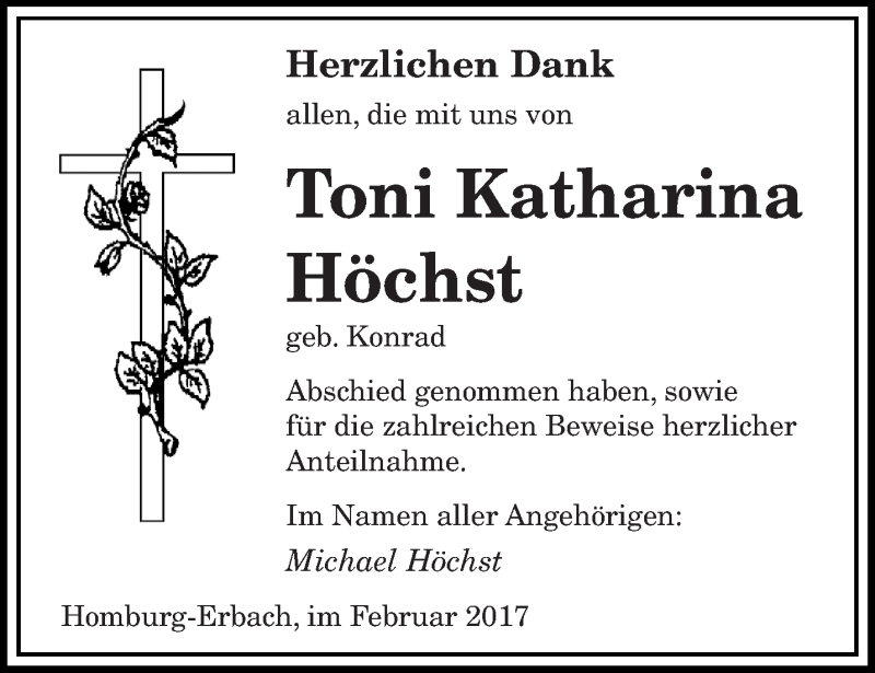  Traueranzeige für Toni Katharina Höchst vom 01.03.2017 aus saarbruecker_zeitung