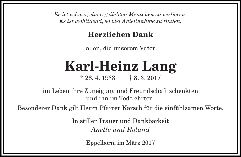 Traueranzeigen Von Karl Heinz Lang Saarbruecker Zeitung Trauer De