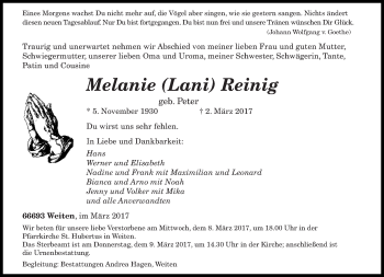 Traueranzeige von Melanie Reinig von saarbruecker_zeitung