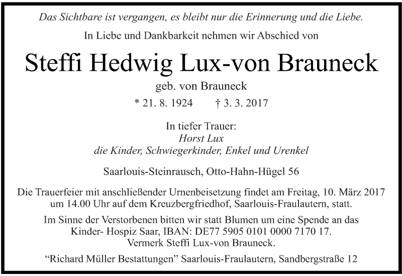  Traueranzeige für Steffi Hedwig Lux-von Brauneck vom 08.03.2017 aus saarbruecker_zeitung