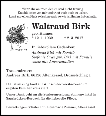 Traueranzeige von Waltraud Birk von saarbruecker_zeitung
