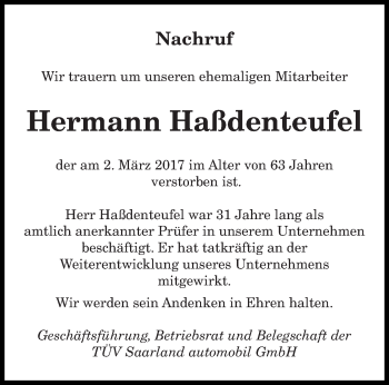 Traueranzeige von Hermann Haßdenteufel von saarbruecker_zeitung