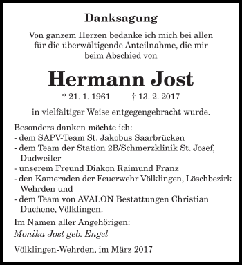 Traueranzeige von Hermann Jost von saarbruecker_zeitung