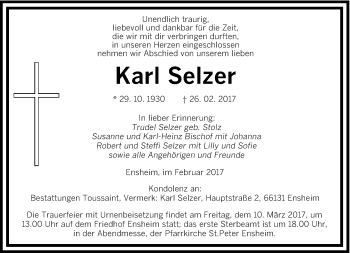 Traueranzeige von Karl Selzer von saarbruecker_zeitung