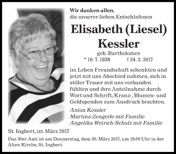 Traueranzeige von Elisabeth Kessler von saarbruecker_zeitung