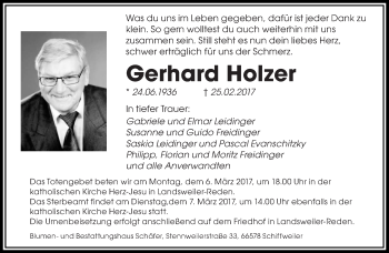 Traueranzeige von Gerhard Holzer von saarbruecker_zeitung