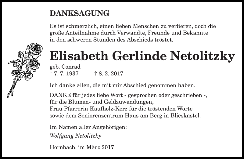 Traueranzeige für Elisabeth Gerlinde Netolitzky vom 11.03.2017 aus saarbruecker_zeitung