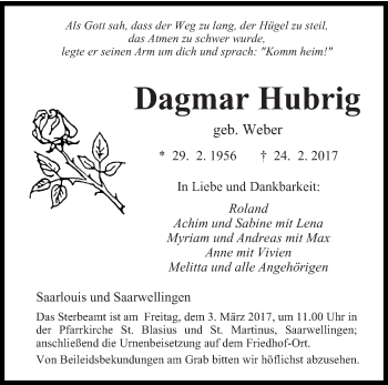Traueranzeige von Dagmar Hubrig von saarbruecker_zeitung
