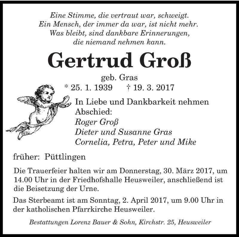  Traueranzeige für Gertrud Groß vom 25.03.2017 aus saarbruecker_zeitung