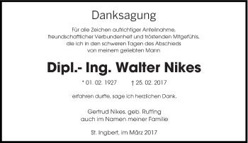 Traueranzeige von Walter Nikes von saarbruecker_zeitung