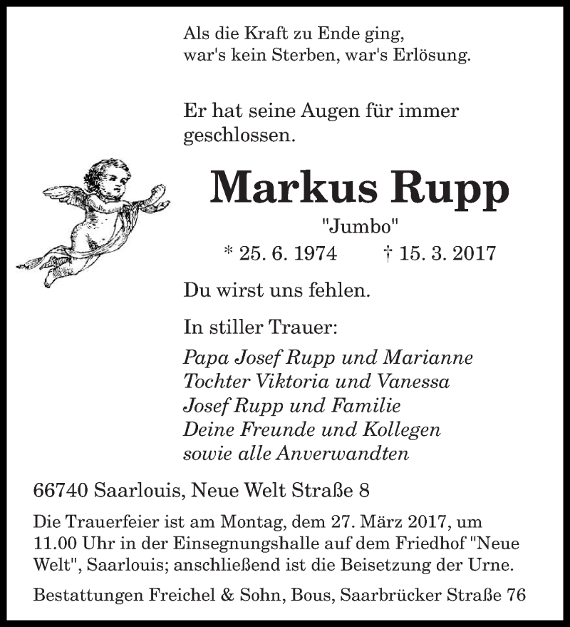  Traueranzeige für Markus Rupp vom 23.03.2017 aus saarbruecker_zeitung
