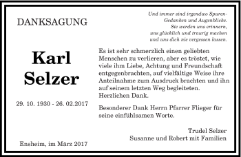 Traueranzeige von Karl Selzer von saarbruecker_zeitung