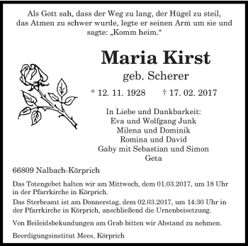 Traueranzeige von Maria Kirst von saarbruecker_zeitung