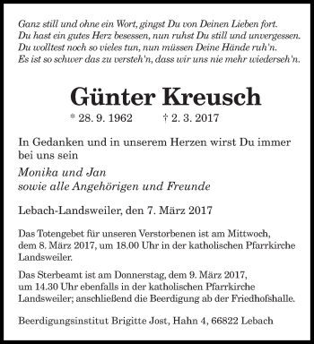 Traueranzeige von Günter Kreusch von saarbruecker_zeitung