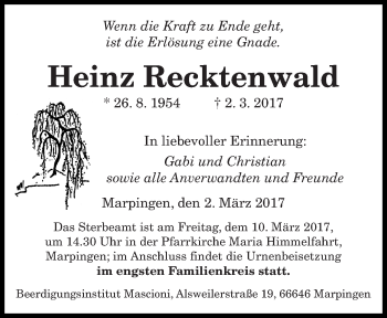 Traueranzeige von Heinz Recktenwald von saarbruecker_zeitung