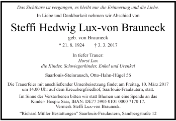 Traueranzeige von Steffi Hedwig Lux-von Brauneck von saarbruecker_zeitung