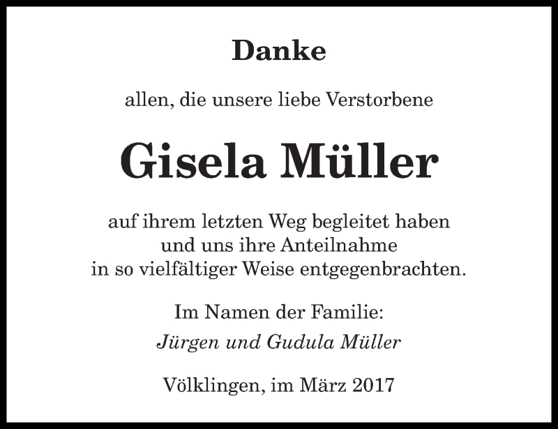  Traueranzeige für Gisela Müller vom 11.03.2017 aus saarbruecker_zeitung
