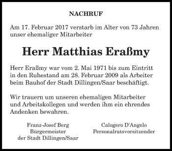 Traueranzeige von Matthias Eraßmy von saarbruecker_zeitung