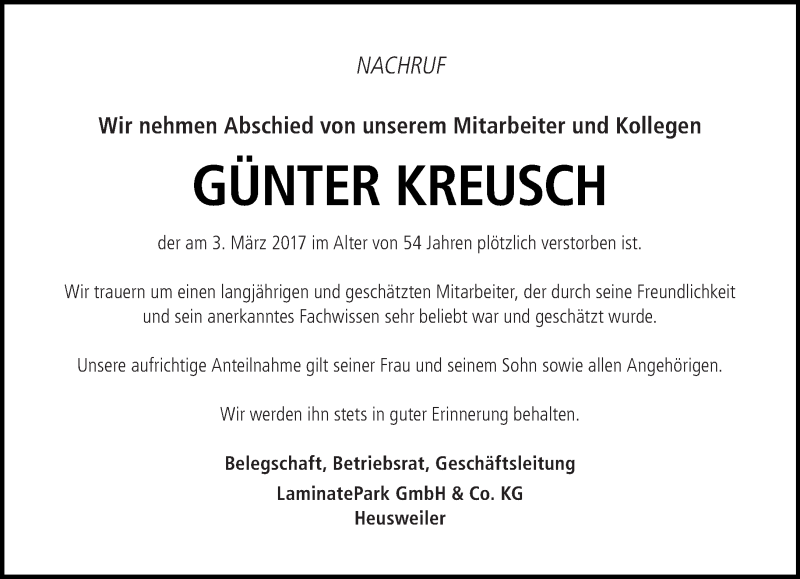  Traueranzeige für Günter Kreusch vom 10.03.2017 aus saarbruecker_zeitung