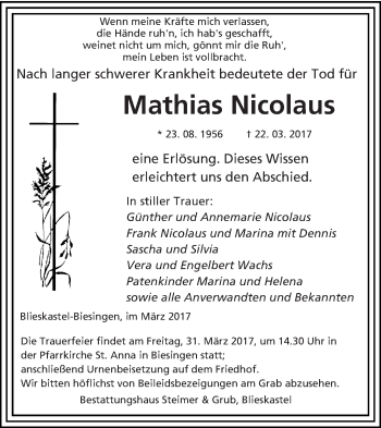 Traueranzeige von Mathias Nicolaus von saarbruecker_zeitung