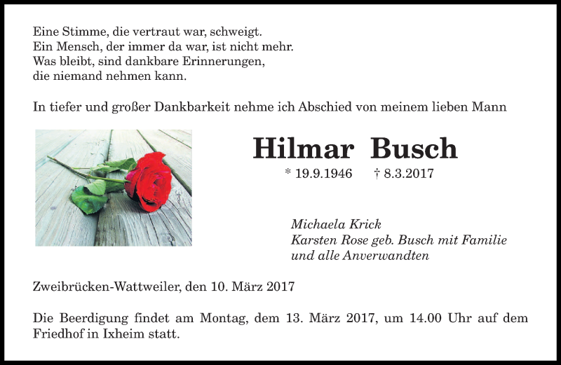  Traueranzeige für Hilmar Busch vom 10.03.2017 aus saarbruecker_zeitung