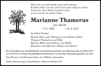 Traueranzeige von Marianne Thamerus von saarbruecker_zeitung