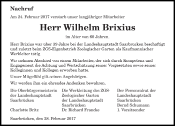 Traueranzeige von Wilhelm Brixius von saarbruecker_zeitung