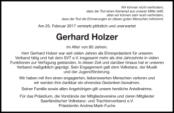 Traueranzeige von Gerhard Holzer von saarbruecker_zeitung