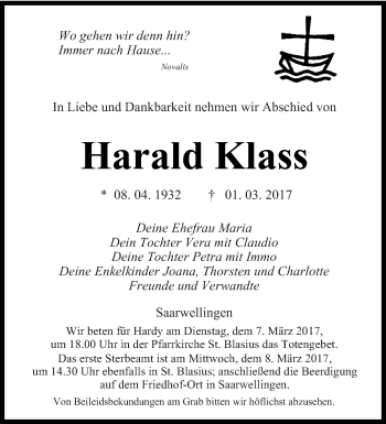 Traueranzeige von Harald Klass von saarbruecker_zeitung