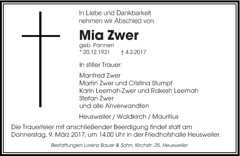  Traueranzeige für Mia Zwer vom 08.03.2017 aus saarbruecker_zeitung