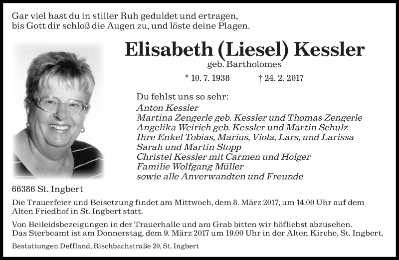  Traueranzeige für Elisabeth Kessler vom 06.03.2017 aus saarbruecker_zeitung