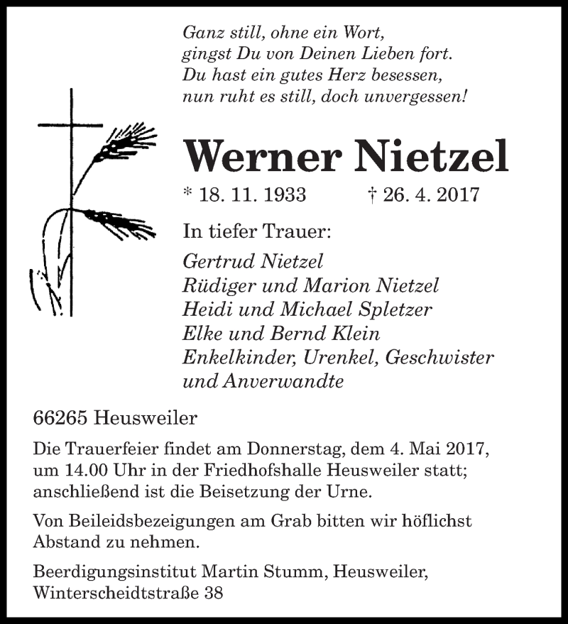  Traueranzeige für Werner Nietzel vom 29.04.2017 aus saarbruecker_zeitung